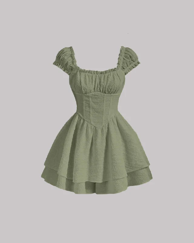 Square Neck Textured Waist-Cinching Green Dress