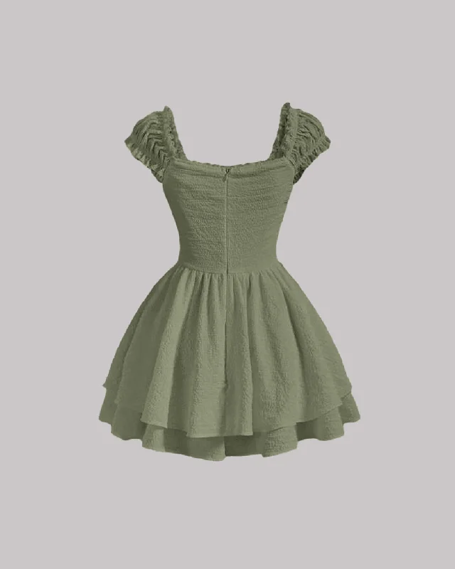 Square Neck Textured Waist-Cinching Green Dress