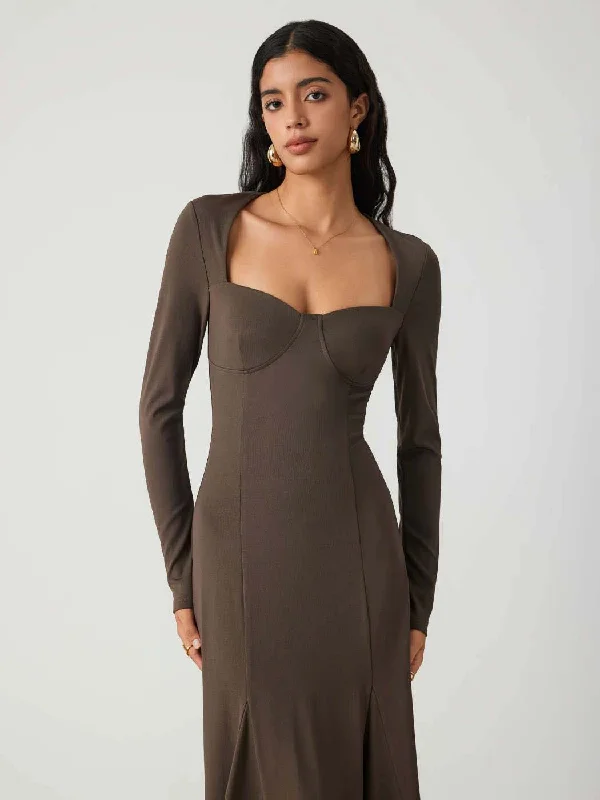 Sweetheart Neck Solid Split Maxi Dress In Chocolate Fondae