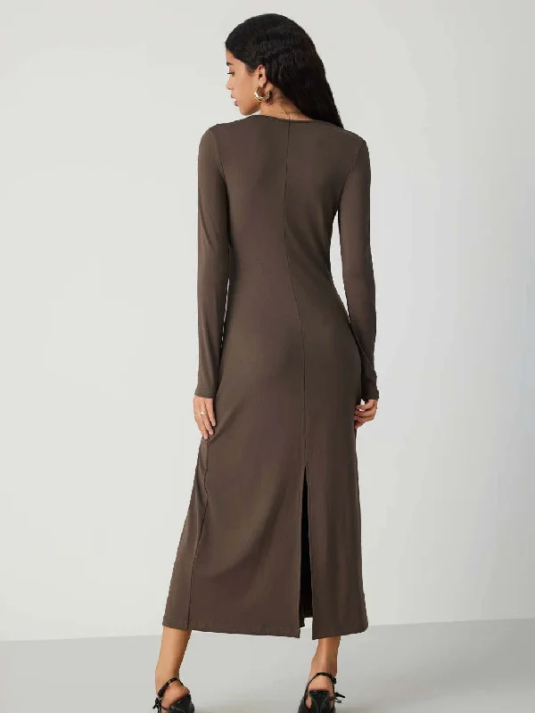 Sweetheart Neck Solid Split Maxi Dress In Chocolate Fondae