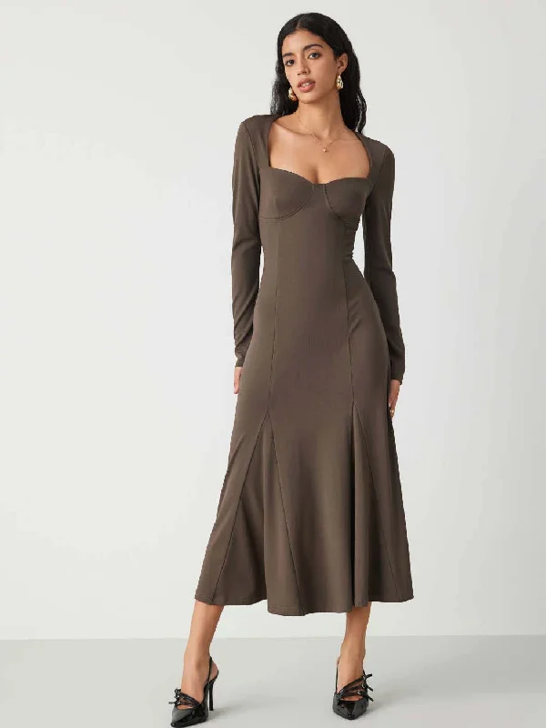 Sweetheart Neck Solid Split Maxi Dress In Chocolate Fondae