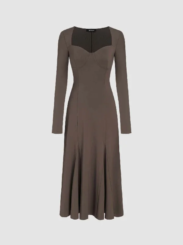 Sweetheart Neck Solid Split Maxi Dress In Chocolate Fondae