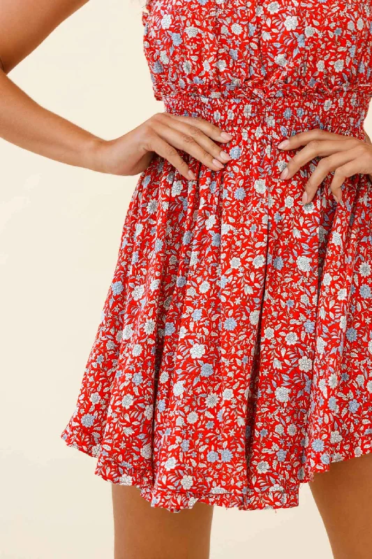 Take Me Away Strapless Summer Dress Floral Print Red