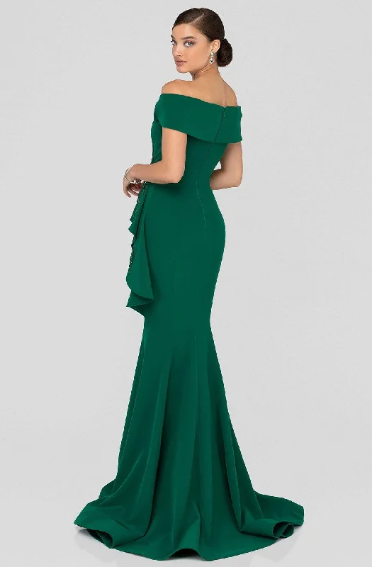 Terani Couture - 1911M9339 Off Shoulder Side Drape Peplum Mermaid Gown