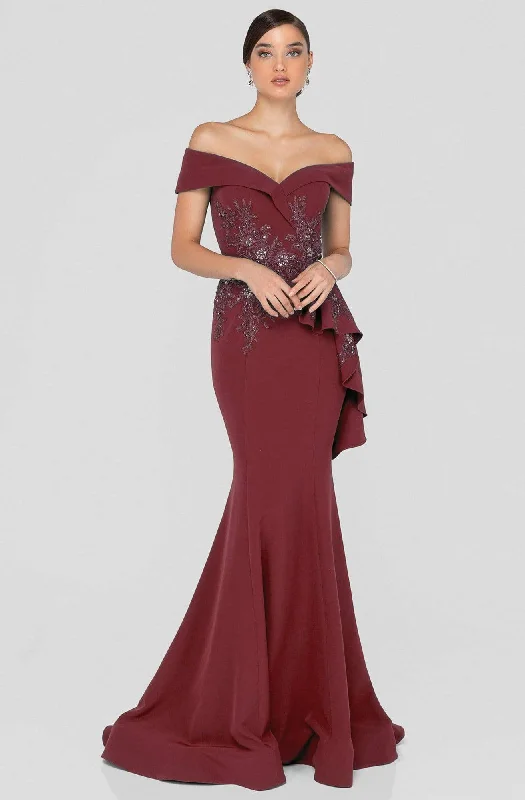 Terani Couture - 1911M9339 Off Shoulder Side Drape Peplum Mermaid Gown