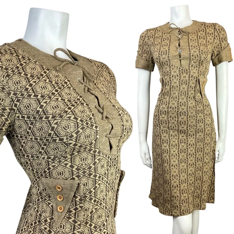 VINTAGE 60s 70s BROWN BEIGE GEOMETRIC LACE-UP MOD SHORT DRESS 8 10