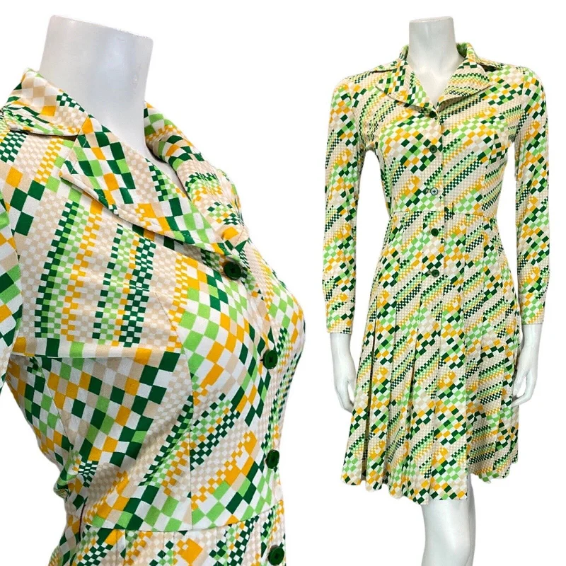 VINTAGE 60s 70s GREEN WHITE YELLOW PIXEL GEOMETRIC MOD DAGGER SHIRT DRESS 8