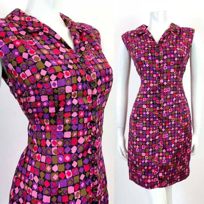 VINTAGE 60s 70s PURPLE PINK RED GOLD GEOMETRIC MOD SLEEVELESS SHIRT DRESS 10 12