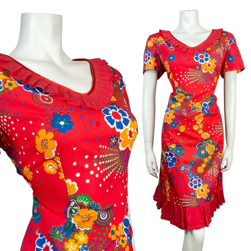 VINTAGE 60s 70s RED BLUE YELLOW PSYCHEDELIC SWIRL FLORAL RUFFLED DRESS 16