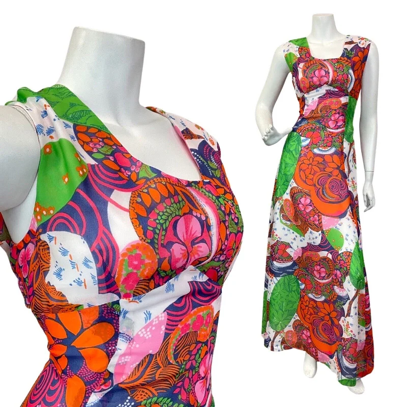 VTG 60s 70s ORANGE BLUE WHITE PSYCHEDELIC FLORAL LEAFY SLEEVELESS MAXI DRESS 12