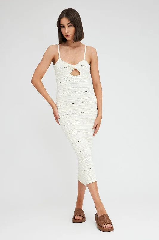 White Knit Dress Twisted Bust Midi