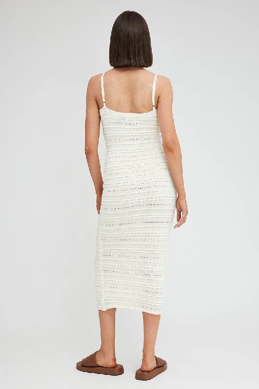 White Knit Dress Twisted Bust Midi