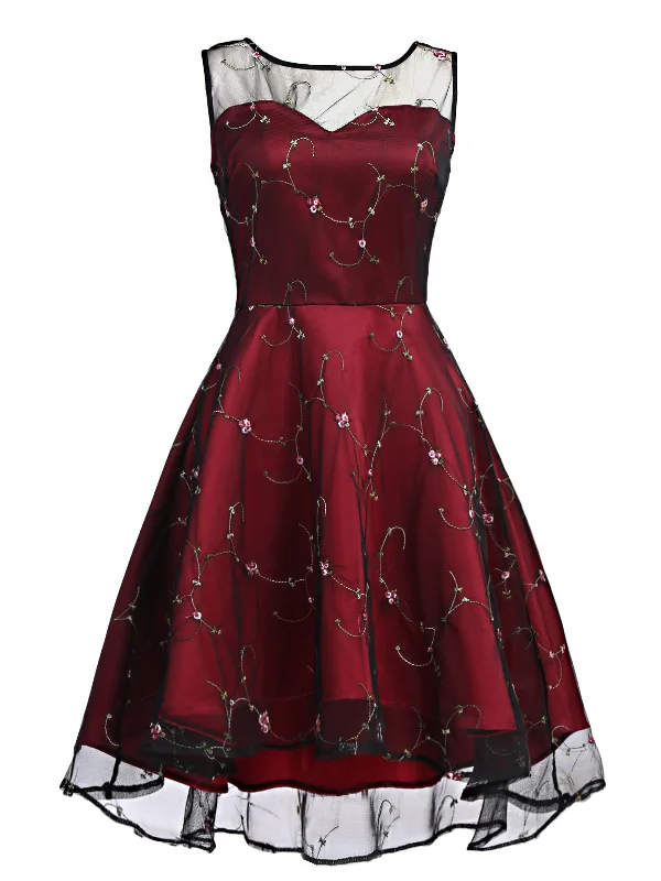 Wine Red 1950s Mesh Hi-Lo Back Lace Up Dress