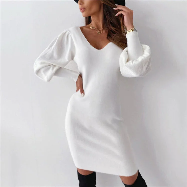 Autumn Sexy Long Sleeve Backless Hollow-out Lace V-neck Waist Dress