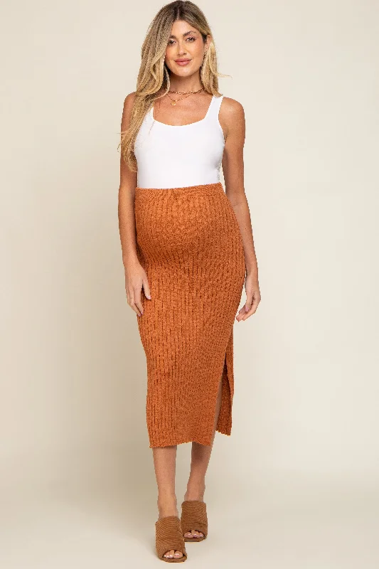 Camel Ribbed Side Slit Sweater Maternity Midi Skirt