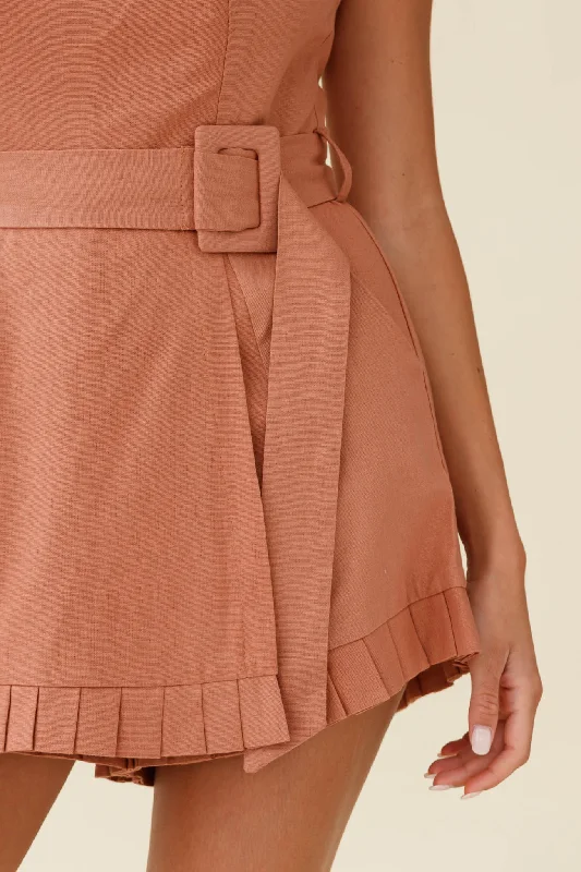 Elodie Pleat Trim Belted Skort Romper Tan