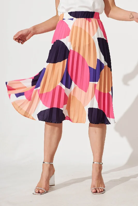 Eureka Midi Pleat Skirt In Bright Multi Linen Blend