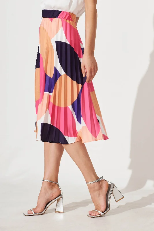 Eureka Midi Pleat Skirt In Bright Multi Linen Blend