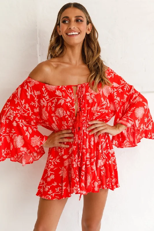 Fiona Drawstring Floral Romper Red