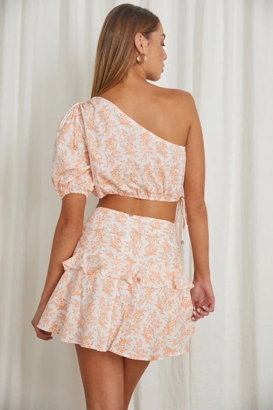 Georgette One-Shoulder Crop Top Floral Orange