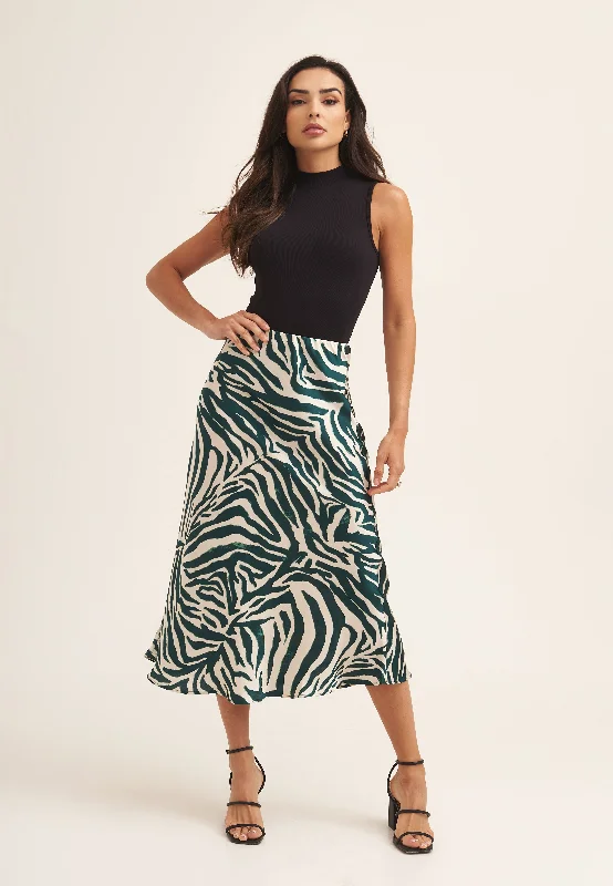 Green Animal Print Satin Bias Cut Midi Skirt