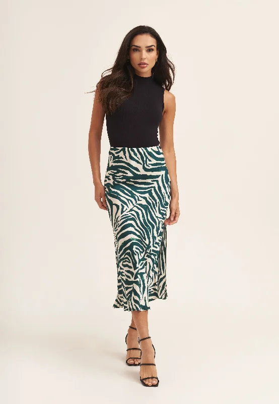 Green Animal Print Satin Bias Cut Midi Skirt