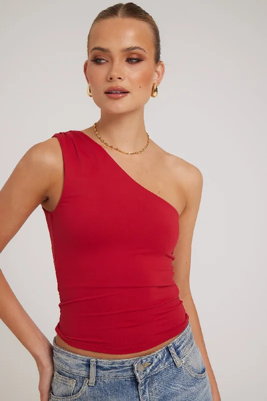 L&t Ruched One Shoulder Top Red