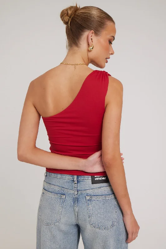 L&t Ruched One Shoulder Top Red