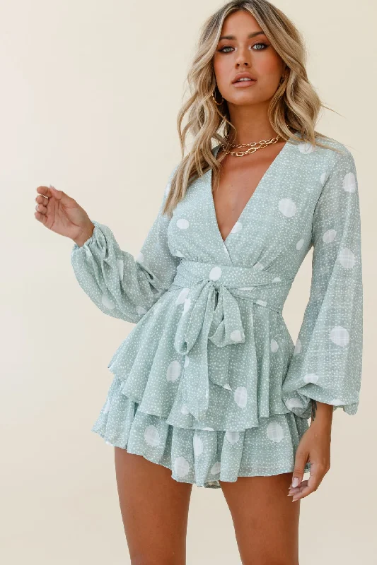 Maddox Fit & Flare Long Sleeve Romper Polka Dot Print Green