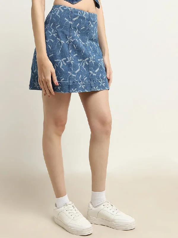 Nuon Blue Bow Design High-Rise Denim Skirt