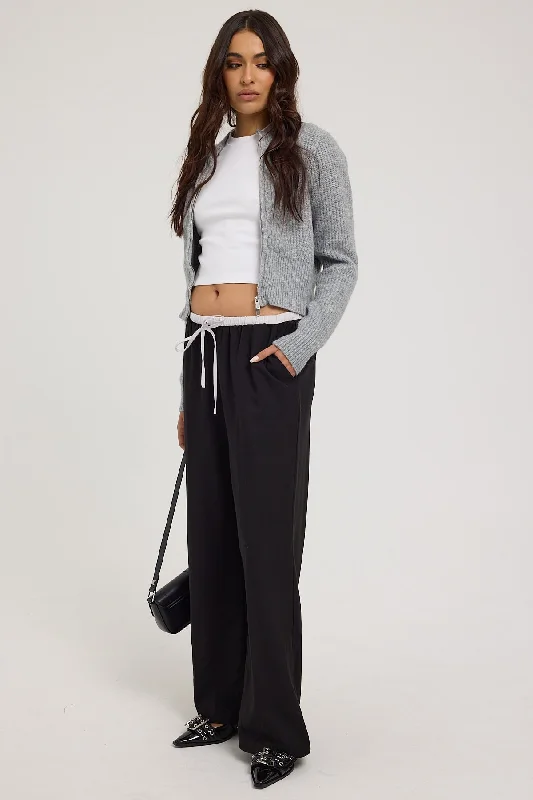 Perfect Stranger Contrast Waistband Drawcord Straight Leg  Pants Black