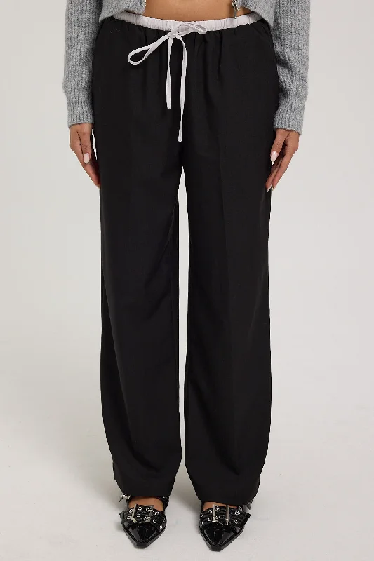 Perfect Stranger Contrast Waistband Drawcord Straight Leg  Pants Black