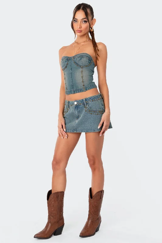 Studded Low Rise Washed Denim Mini Skirt