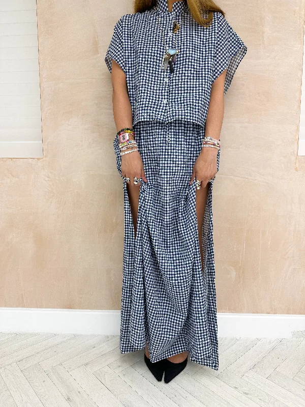 Split Side Gingham Maxi Skirt In Blue