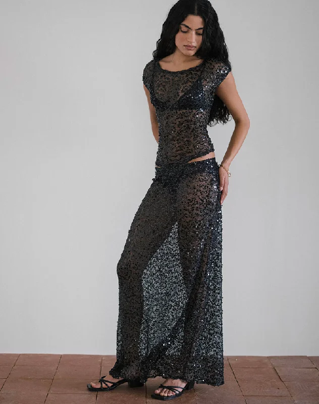 Vanessa Maxi Skirt in Sequin Mesh Black