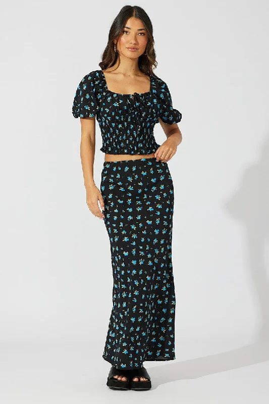 Blue Floral Slip Skirt Maxi