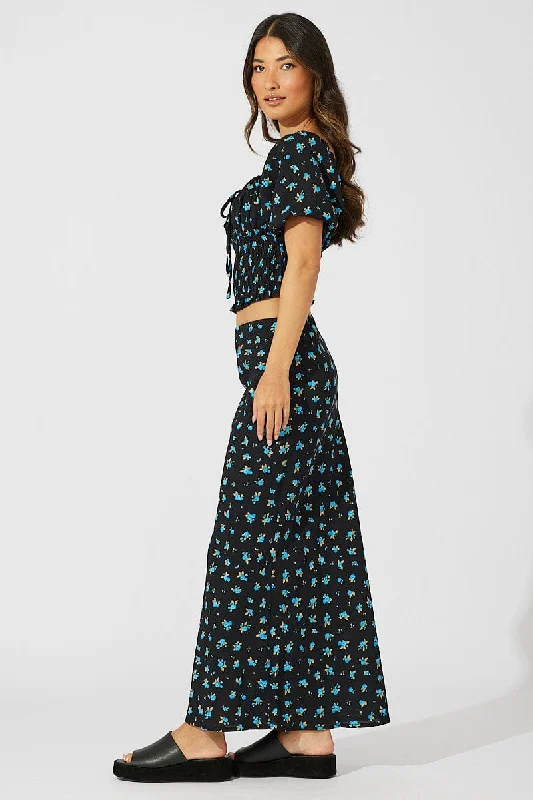 Blue Floral Slip Skirt Maxi