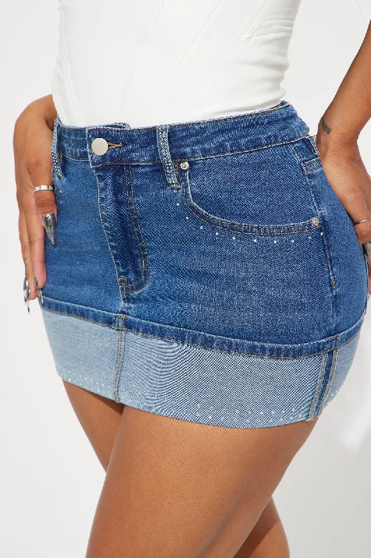 Subtle Hints Embellished Denim Mini Skirt - Medium Wash