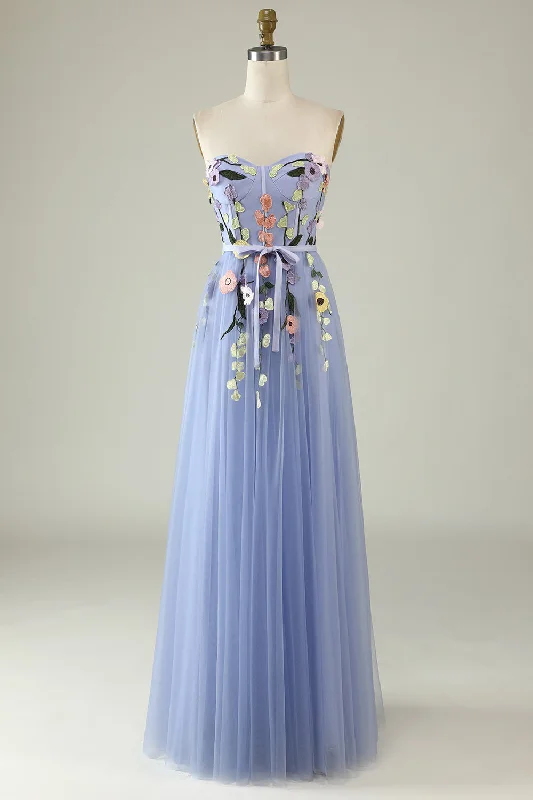 New Year SaleA-Line Strapless Lavender Long Prom Dress with Appliques