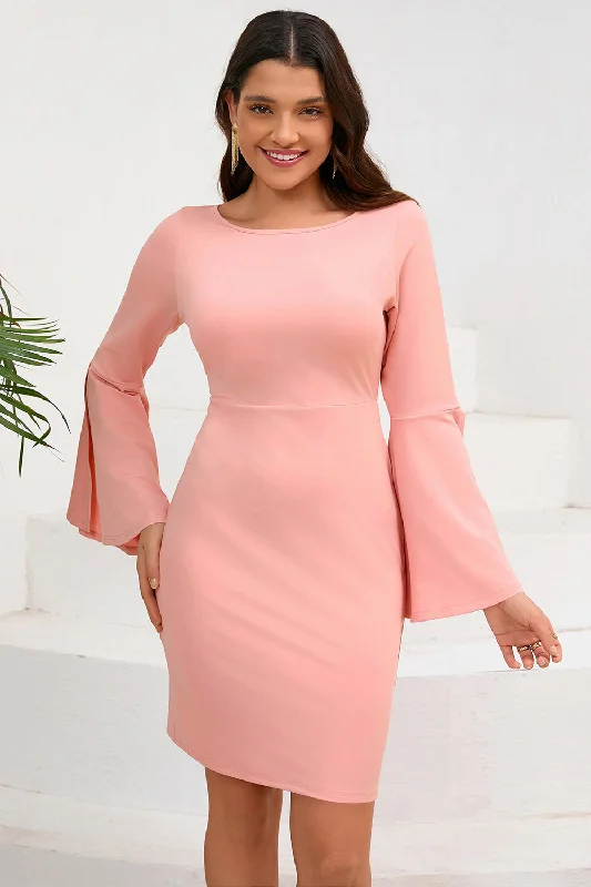 Winter SaleBodycon Pink Round Neck Cocktail Dress with Long Sleeves