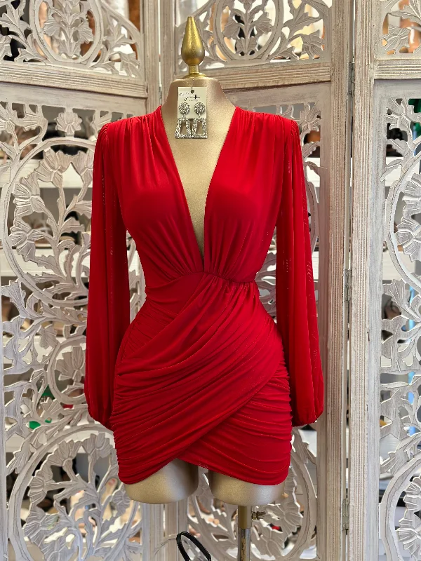 Discount OfferCherry Red Deep V Mini Wrapped Dress