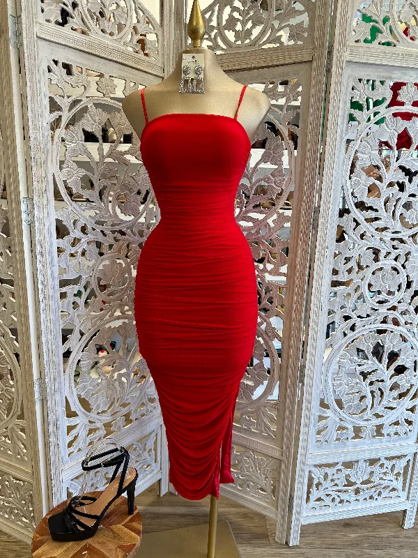 Limited Time OfferCherry Red Midi Ruched Dress