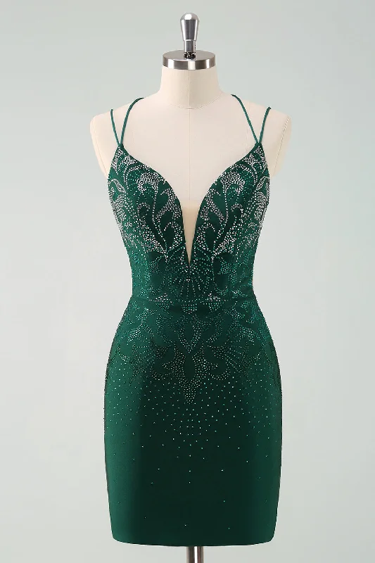 Great SavingsDark Green Bodycon Spaghetti Straps Short Graduation Dress with Beading