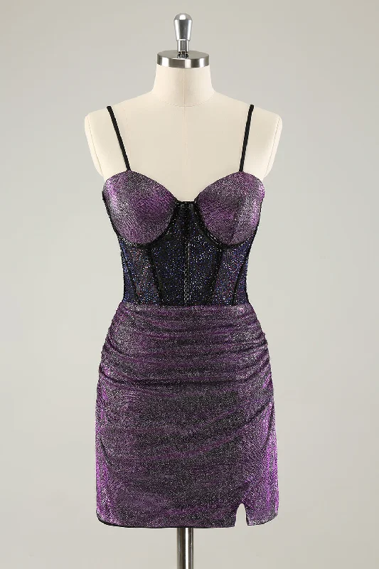 Secret SaleDark Purple Spaghetti Straps Corset Glitter Short Graduation Dress