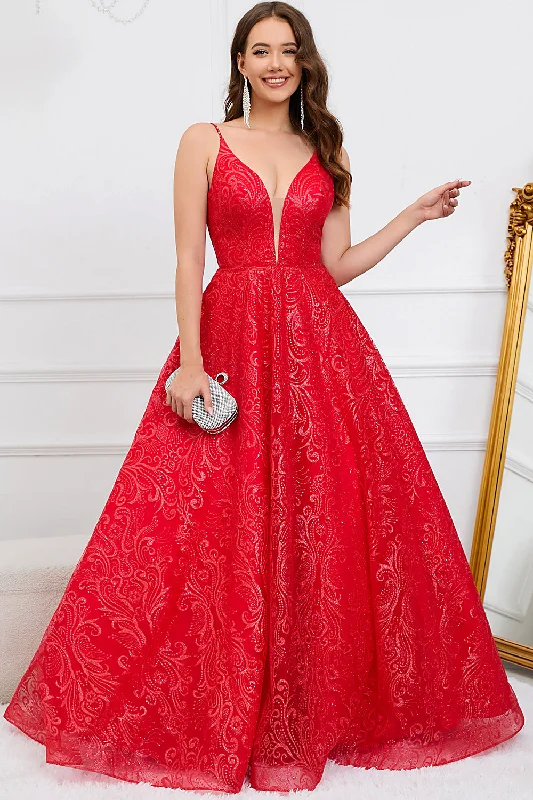 Sale EventDeep V-Neck Backless Red Ball Gown Dress