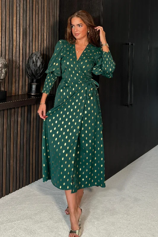 Hourly DealsDevina Shirred Cuff Wrap Dress in Green And Gold Foil