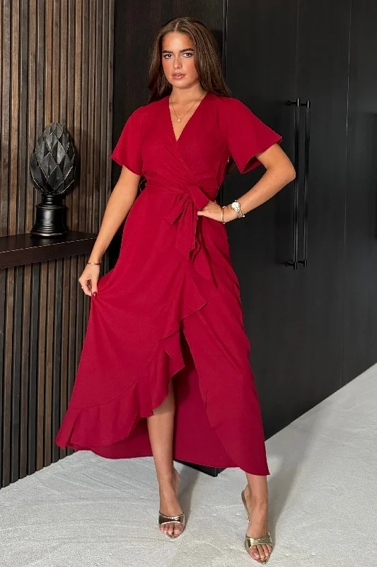 Sale Prices May VaryFarrah Split Hem Frill Detail Maxi Dress Wine