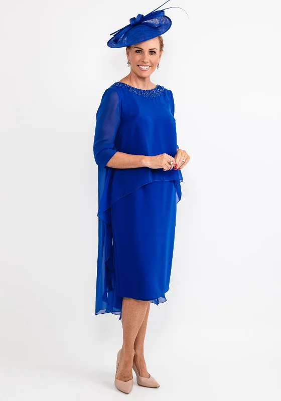 Fall SaleGabriela Sanchez Draped Chiffon Cape Dress, Cobalt Blue