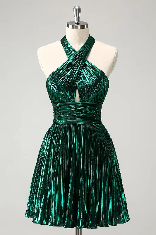 Father's Day SaleGlitter Dark Green Halter A-Line Pleated Metallic Graduation Dress