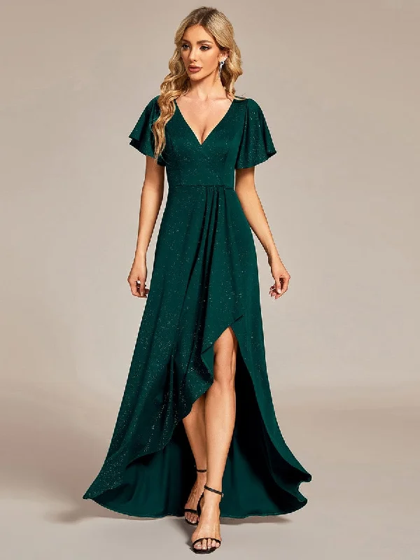 Coupon AvailableGlitter High-Low Front Side Slit Ruffled V-Neck Evening Dress